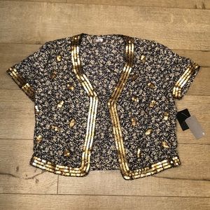 Forever 21 100% Silk Floral Print Gold Sequin Top